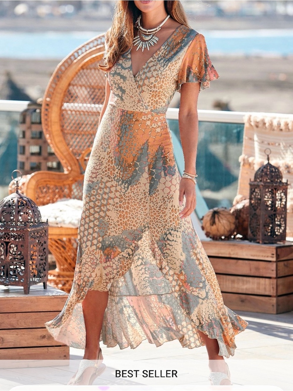 Boho Wrap High-Low Maxi Dress in Tan Multi